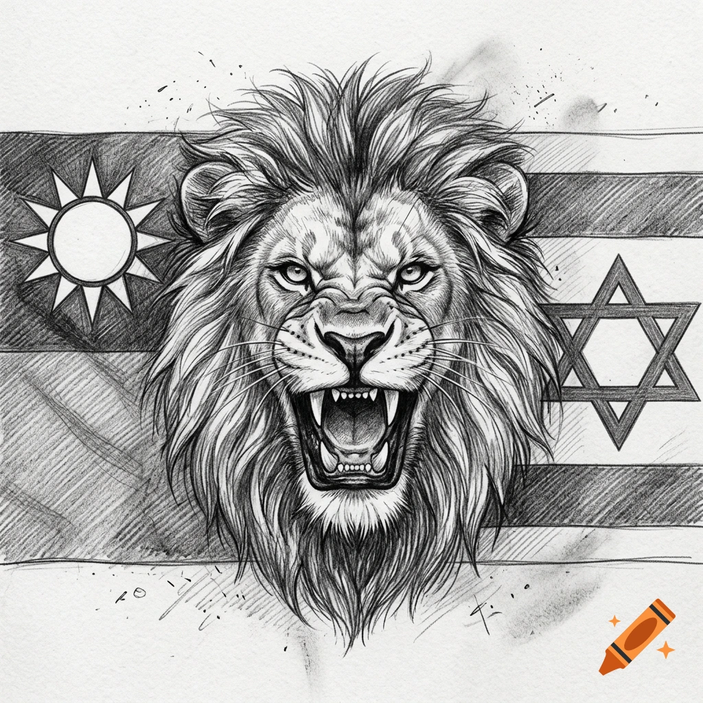 Pencil drawing of a roaring lion's head positioned between the flags of Taiwan and Israel.