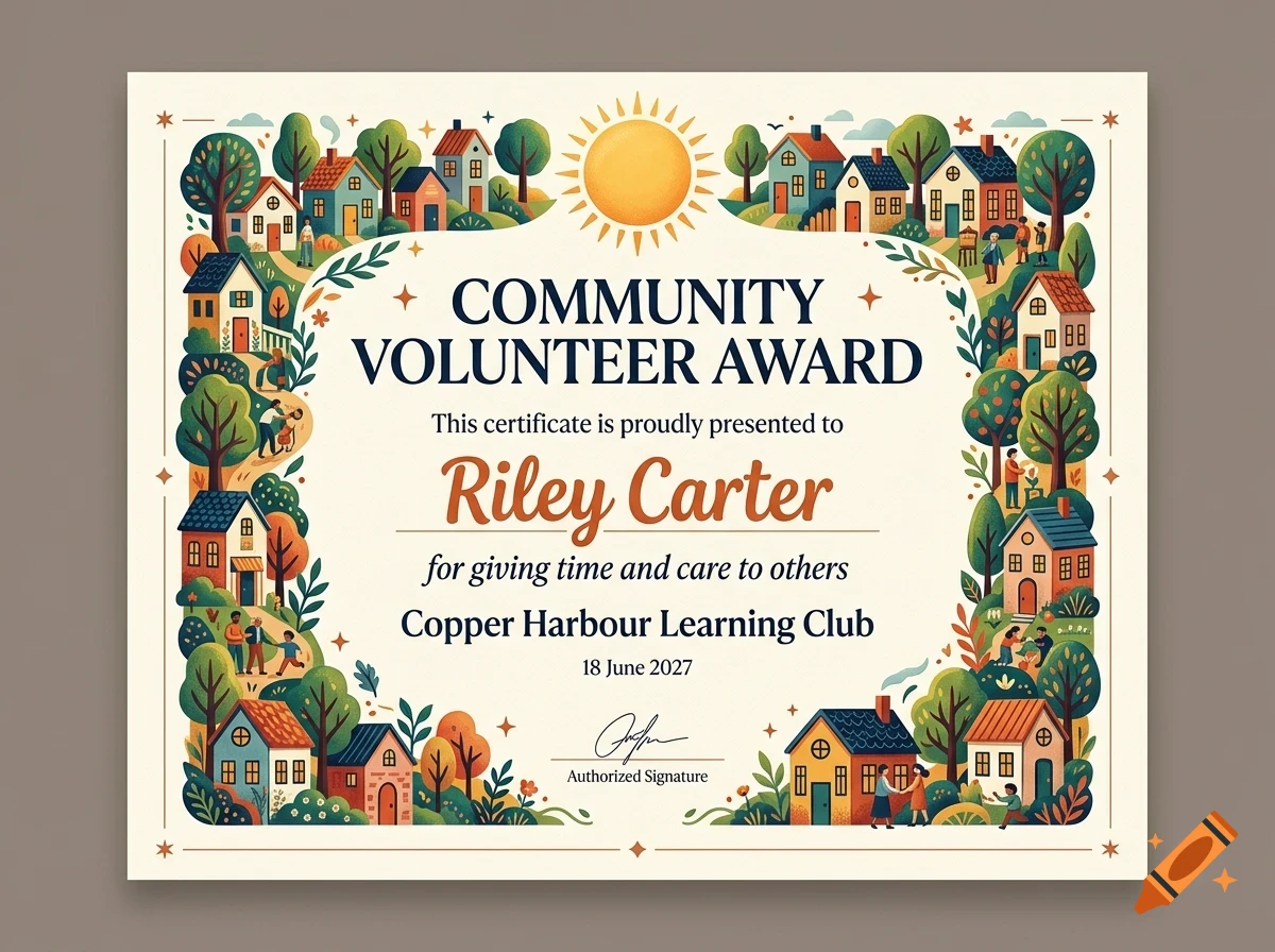 An illustrated community volunteer award certificate featuring a neighborhood border of houses and trees, a sun, and text recognizing Riley Carter.