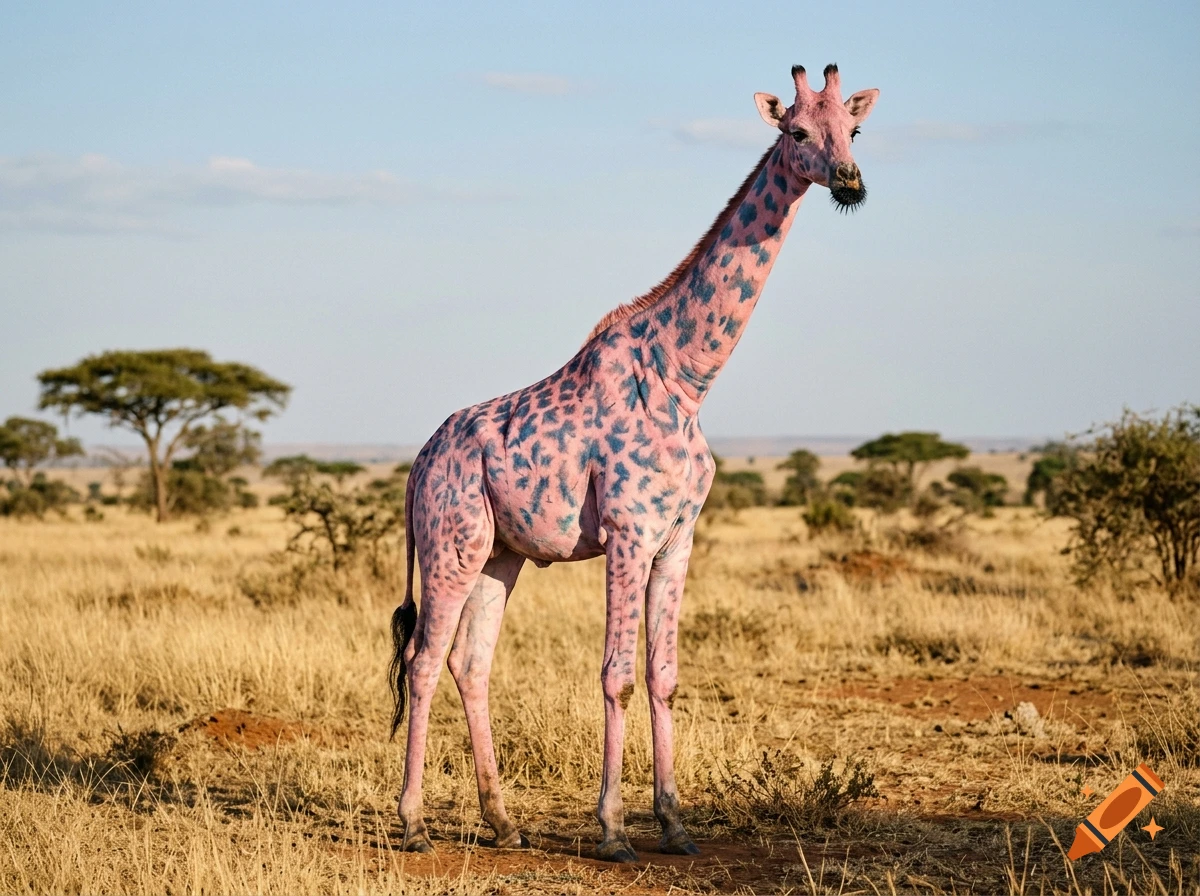 Photorealistic image of a giraffe with pink skin and blue spots standing in an African savanna.