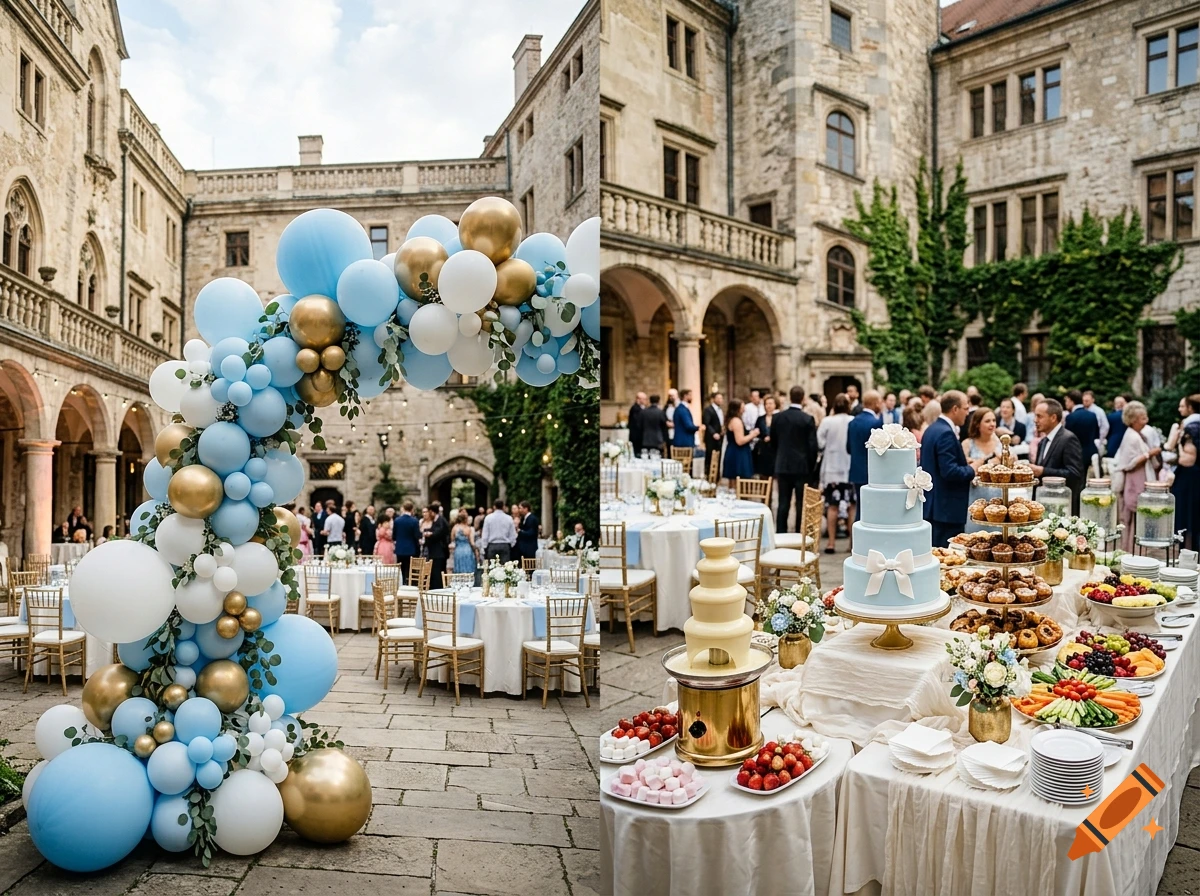 Photorealistic wedding reception in a castle courtyard with a blue and gold balloon arch, buffet table, and a tiered cake.