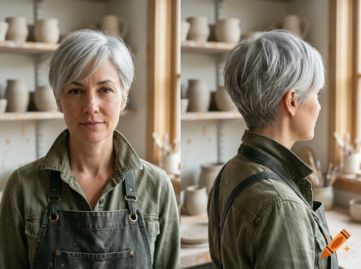 Two-angle photo of a woman with short silver hair wearing a green collared shirt and dark apron in a pottery studio.