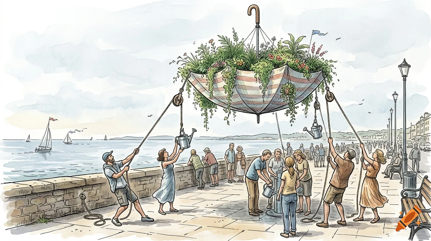 An illustration of people along a seaside promenade hoisting and watering a massive suspended umbrella filled with plants and flowers.