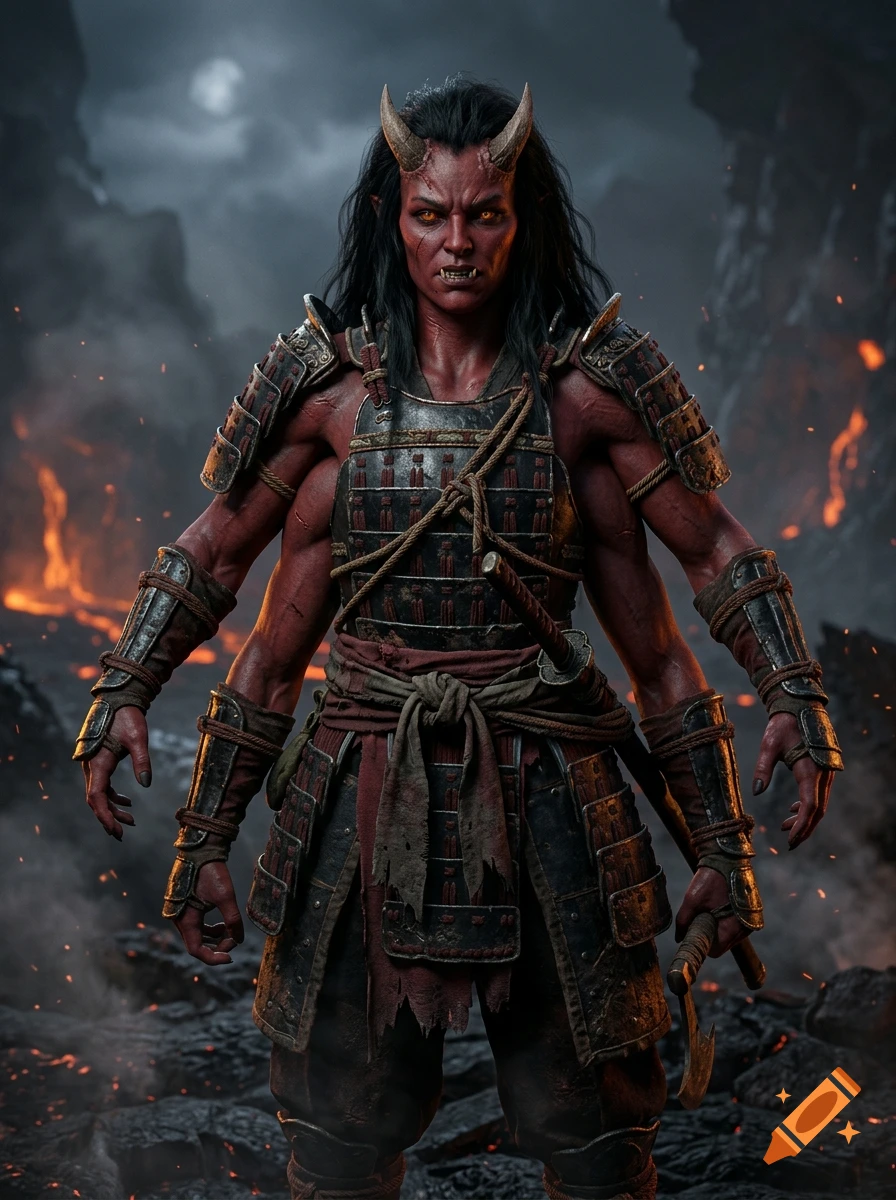 Photorealistic image of a female oni demon with four arms, wearing samurai armor in a volcanic landscape.