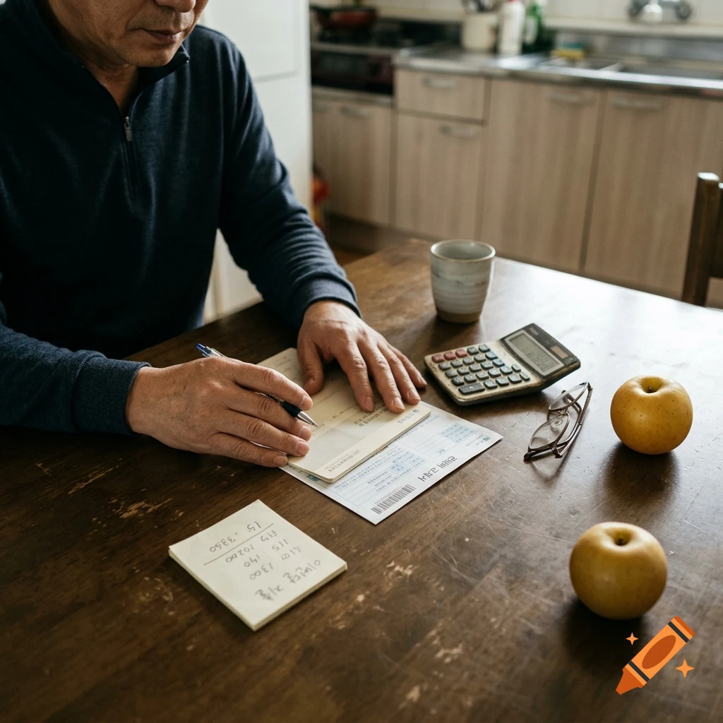 A middle-aged man sitting at a wooden table in a kitchen, writing on a document while calculating expenses next to a calculator, glasses, and fresh apples.