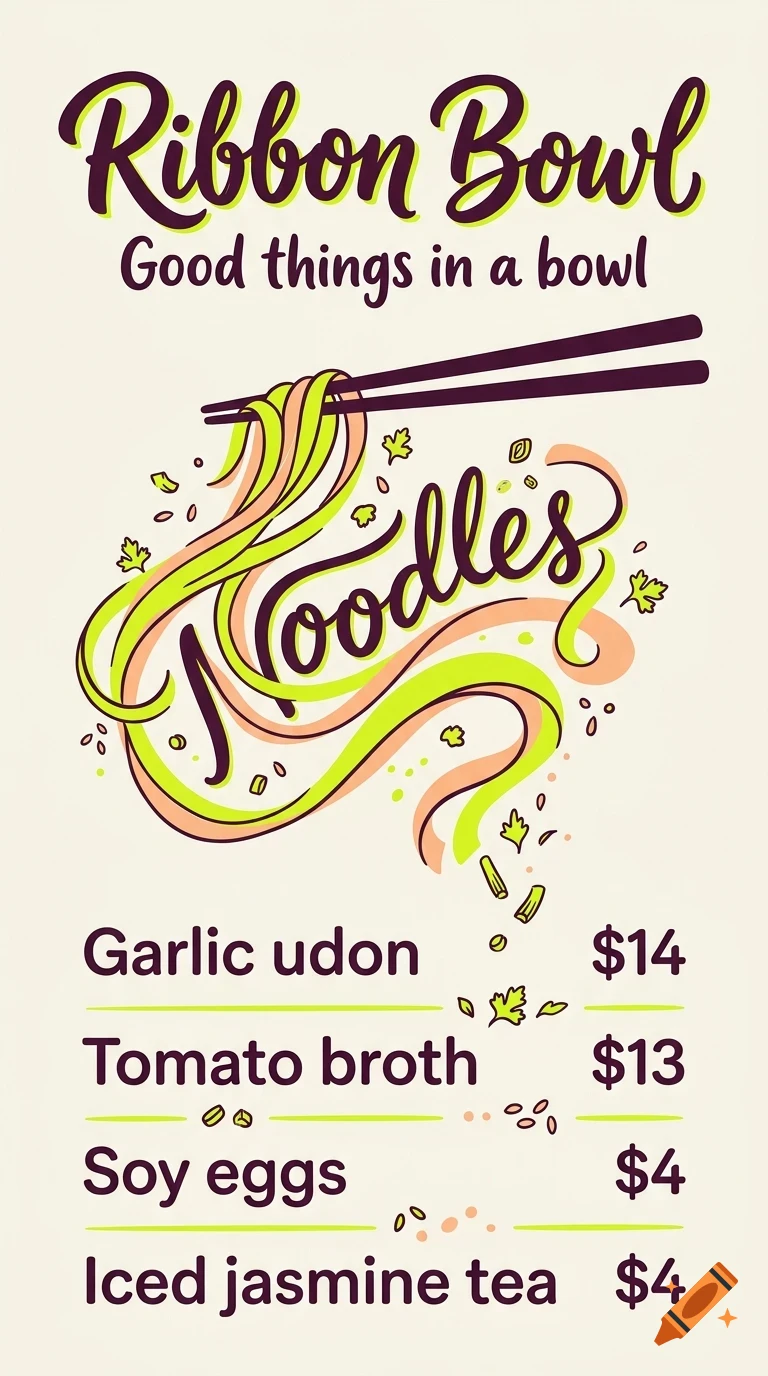 An illustrated menu for Ribbon Bowl featuring noodles held by chopsticks, with prices listed for dishes like garlic udon and tomato broth.
