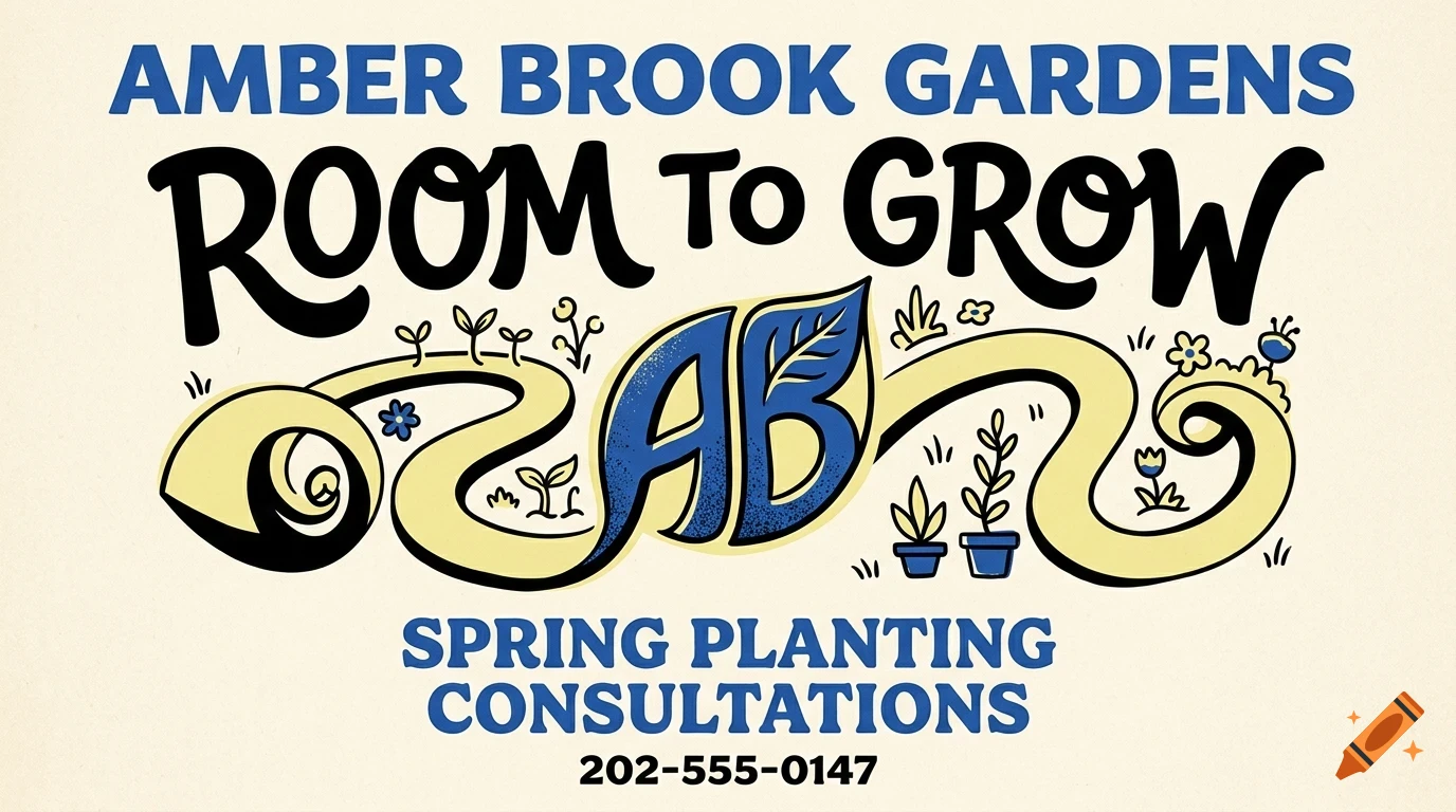 An illustration with lettering reading AMBER BROOK GARDENS, ROOM TO GROW, and SPRING PLANTING CONSULTATIONS.