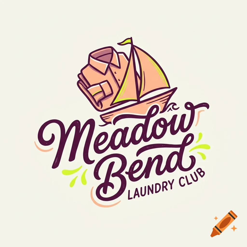 A logo featuring a folded shirt shaped like a sailboat, accompanied by lettering that reads "Meadow Bend LAUNDRY CLUB".