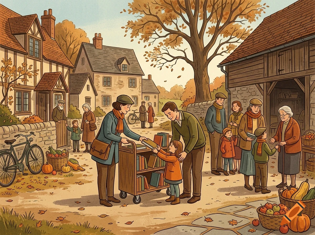 An illustrated village scene in autumn where people gather around a mobile book cart, surrounded by historic buildings and baskets of pumpkins.