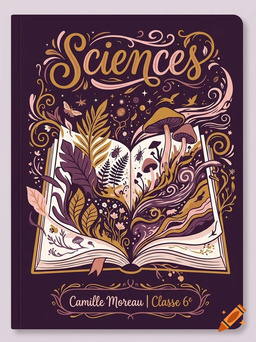 An illustration of an open science notebook with plants, mushrooms, and insects growing out of the pages, surrounded by ornate lettering and decorative flourishes.