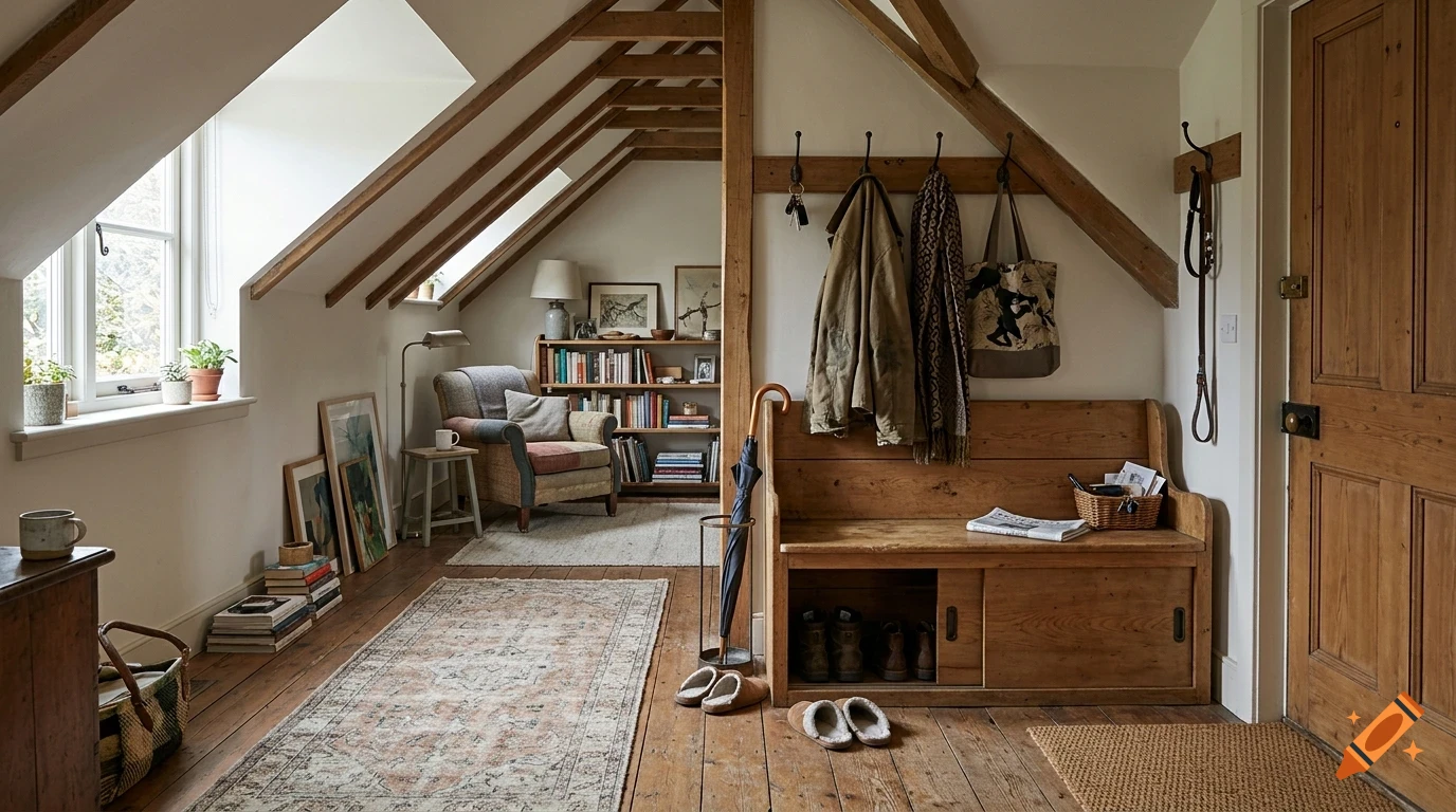 An attic hallway and seating area featuring wooden beams, a wooden bench with hooks holding coats, a bookcase, and an armchair.