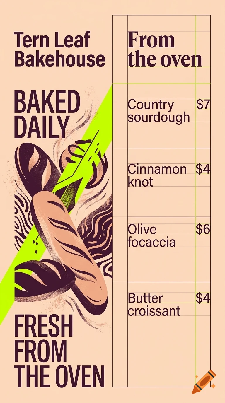 A poster for Tern Leaf Bakehouse featuring baked goods and a menu with prices.