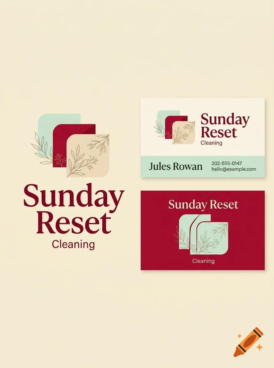 Branding design for Sunday Reset Cleaning featuring abstract leaf illustrations, stacked rounded squares in muted tones, and serif typography.