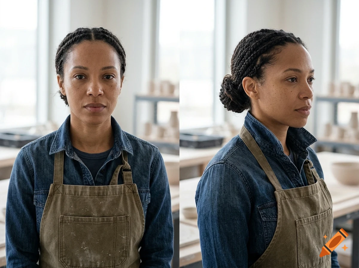 Front and side view of a woman with braided hair wearing a denim shirt and an apron.