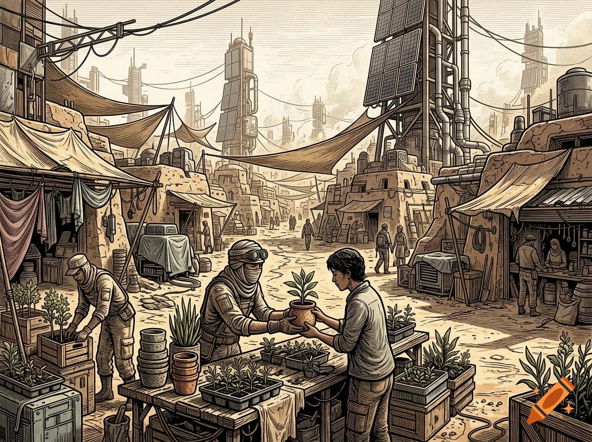 An ink and pencil style illustration of a futuristic, arid settlement where people trade potted plants and seedlings in a dusty marketplace.