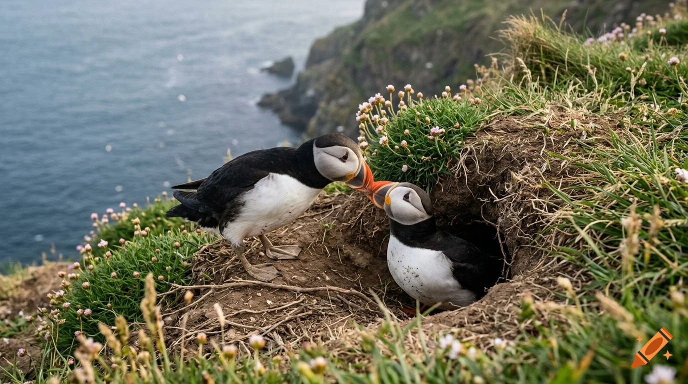 Two puffins interacting near a burrow on a grassy cliffside overlooking the sea.