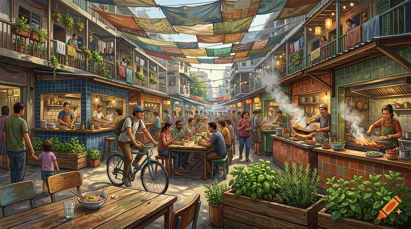 A bustling narrow street market lined with food stalls, shops, and multi-story buildings, featuring people walking, dining, and cooking under overhead fabric canopies.