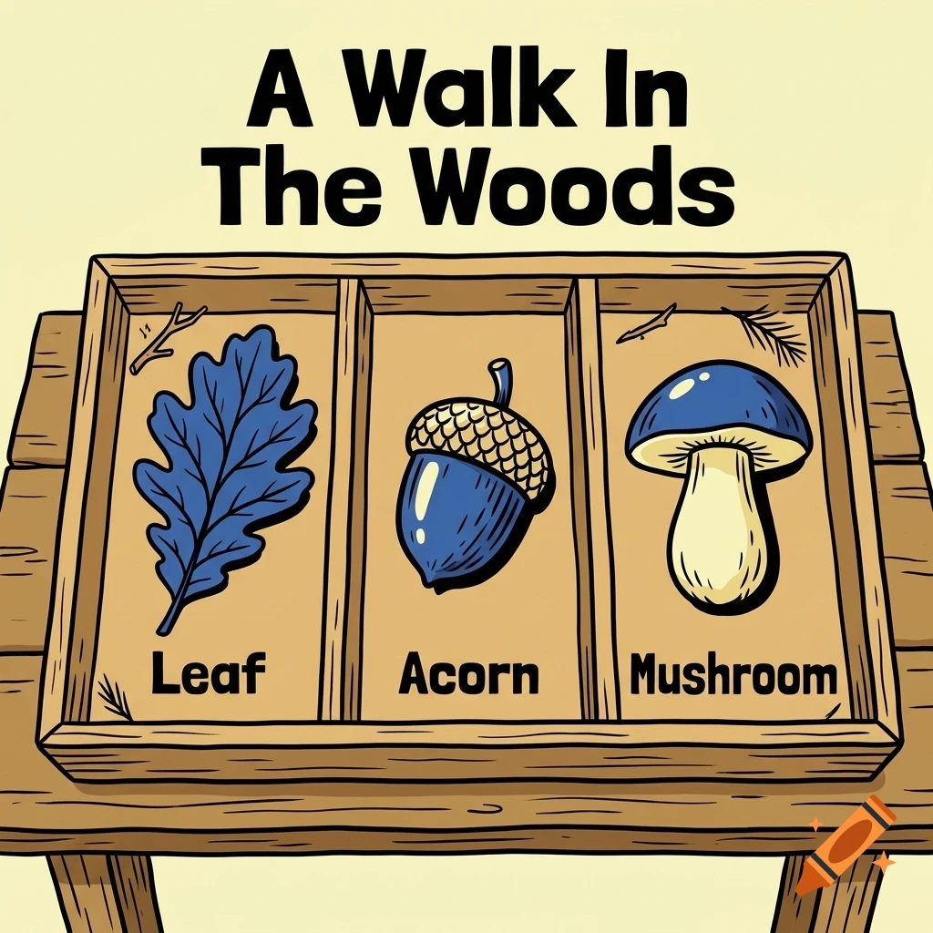 An illustration of a wooden tray divided into three compartments containing a blue leaf, an acorn, and a mushroom, with text reading A Walk In The Woods above.