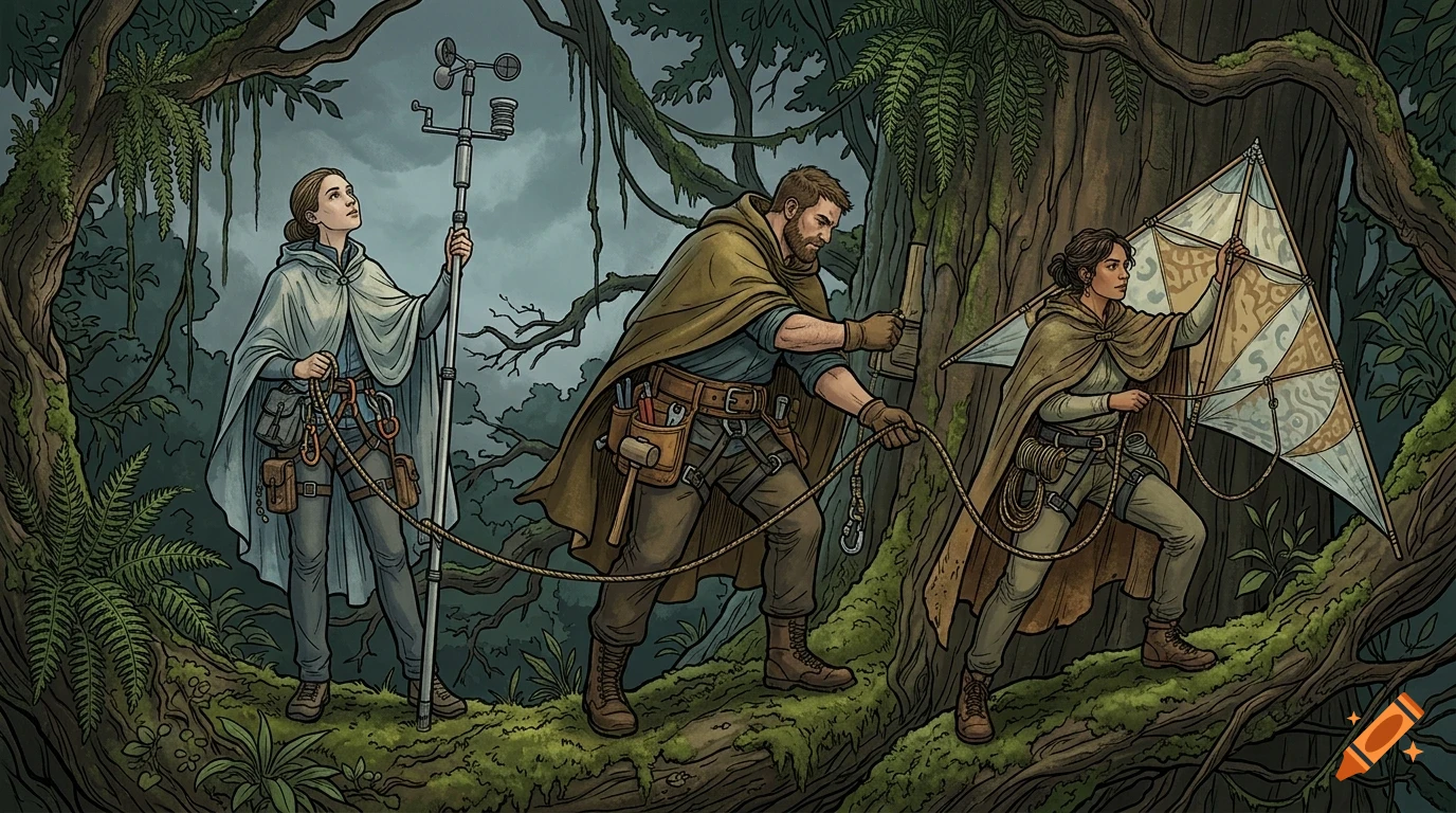 Three people in cloaks and harnesses exploring a dense, misty forest.