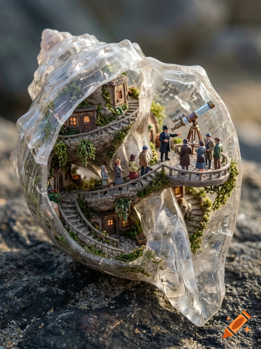 A miniature world built inside a large, translucent seashell, featuring tiny buildings, winding staircases, and small figures observing through a telescope.
