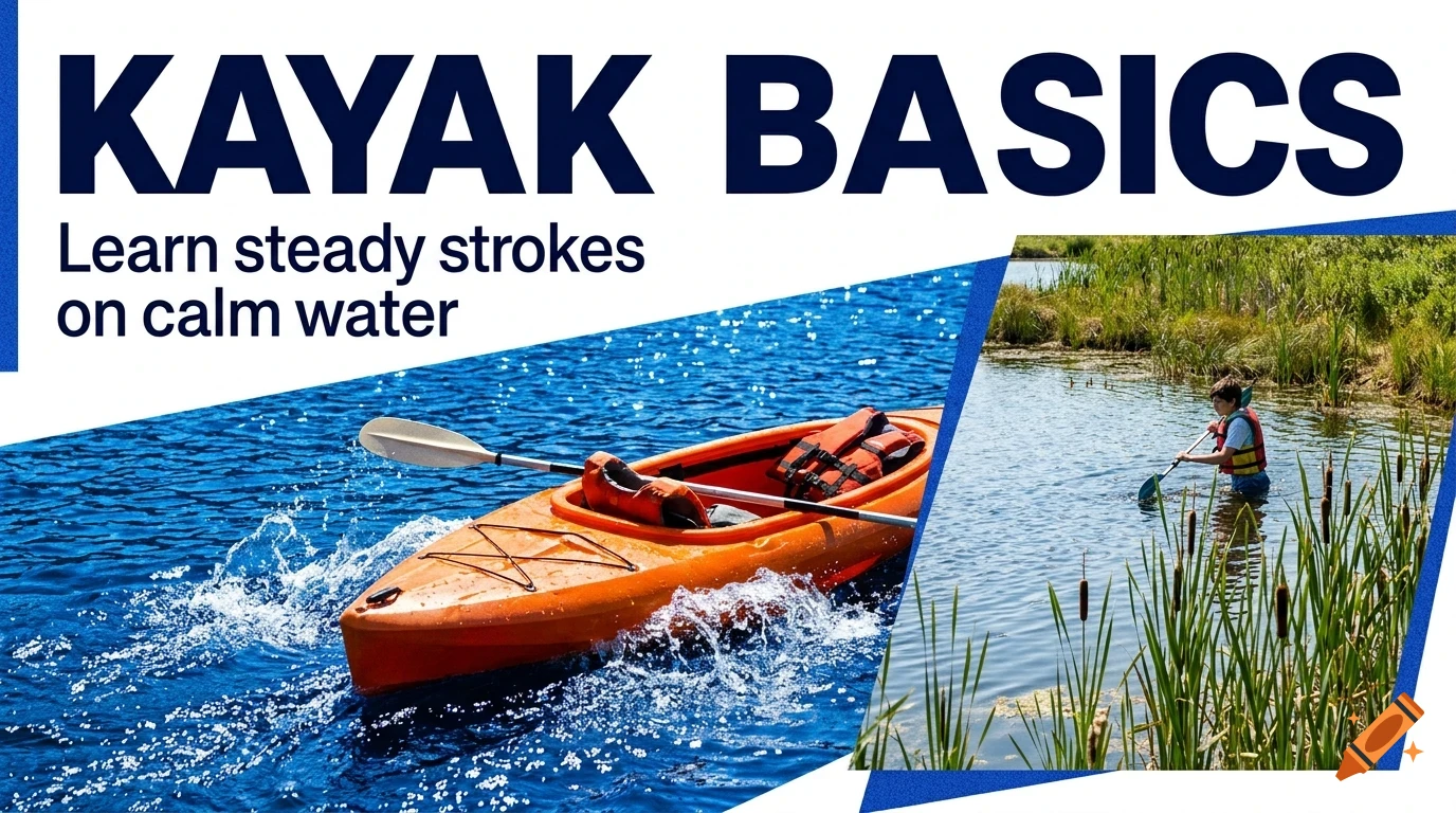 An orange kayak on blue water with the text 'KAYAK BASICS Learn steady strokes on calm water' and a smaller photo of a person kayaking.
