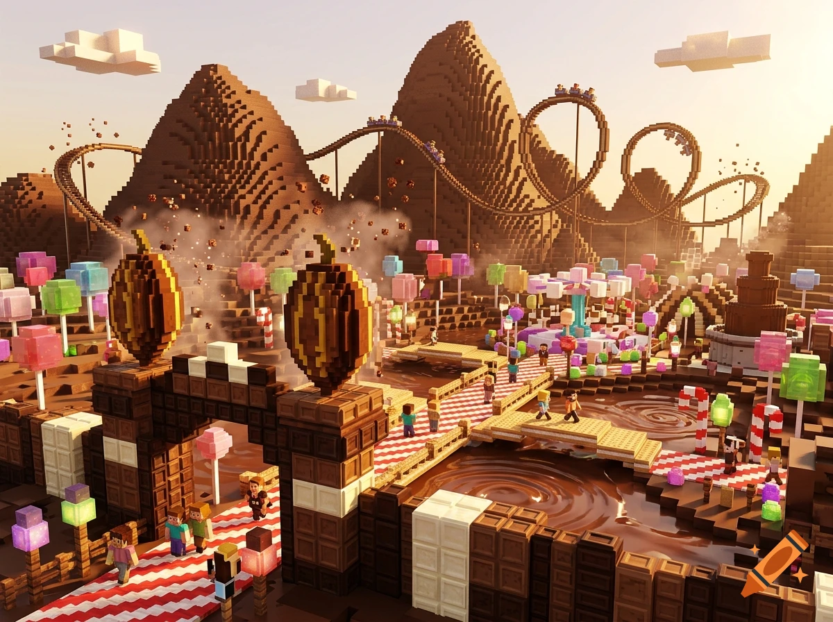 An expansive Minecraft-style chocolate theme park with rollercoasters, chocolate mountains, and candy structures.