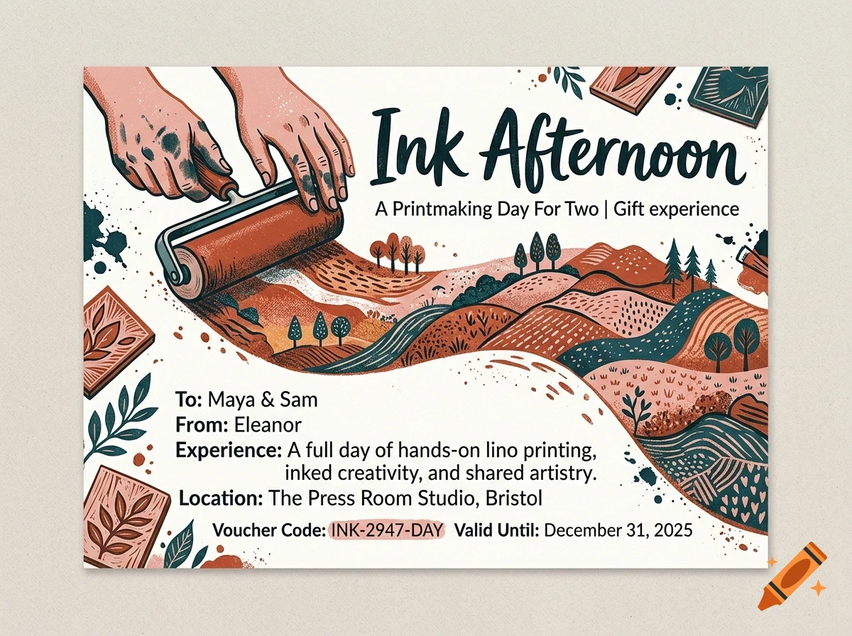 An illustrated gift voucher with hands rolling ink over a landscape print design, featuring the text 'Ink Afternoon'.