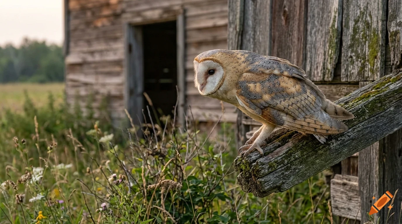 A barn owl perched on a wooden beam outside an old barn in a grassy field.