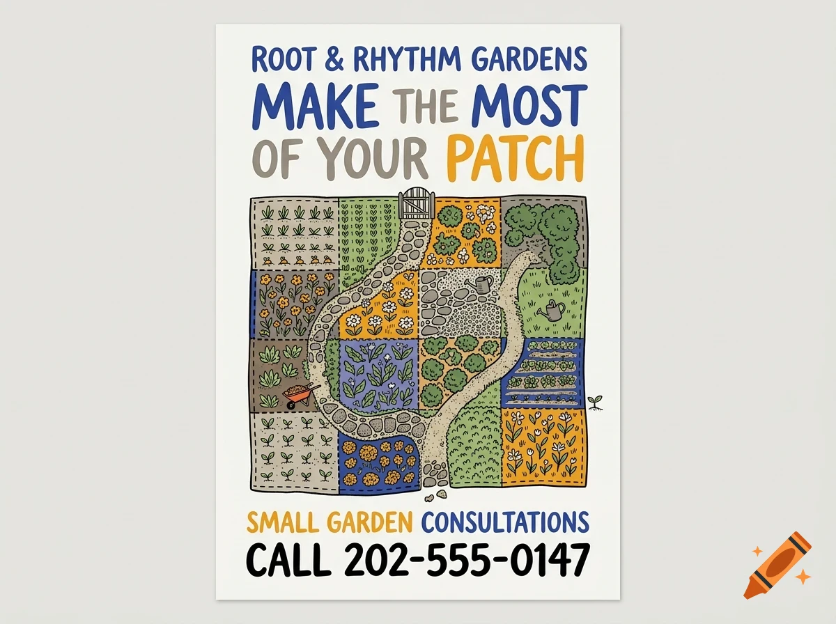 An illustrated garden design flyer with text at the top and bottom and a patchwork garden map in the center.