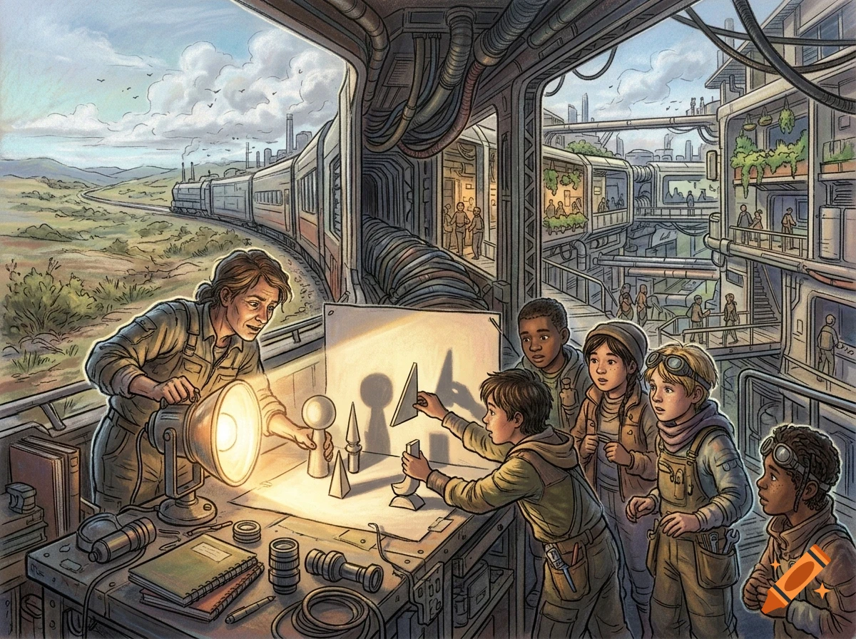 An adult teaching a group of children about shadows using a lamp and geometric shapes on a desk inside a futuristic train car overlooking a landscape and city.