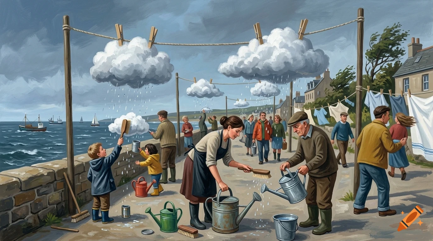 Surreal painting of people washing, scrubbing, and hanging up rain clouds on clotheslines along a coastal village pathway.