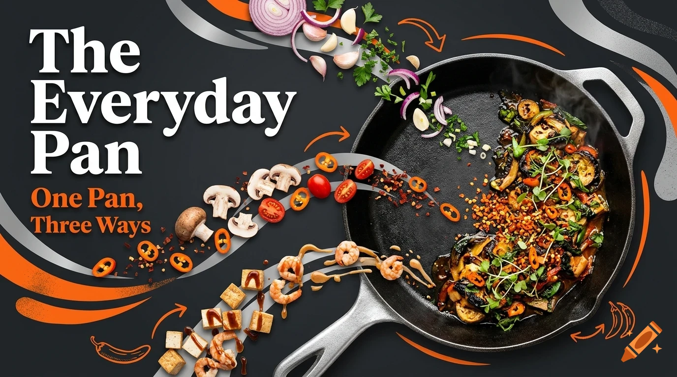 An overhead promotional image for a pan showing ingredients like mushrooms, shrimp, and vegetables floating toward a cast-iron skillet with text reading The Everyday Pan One Pan Three Ways.