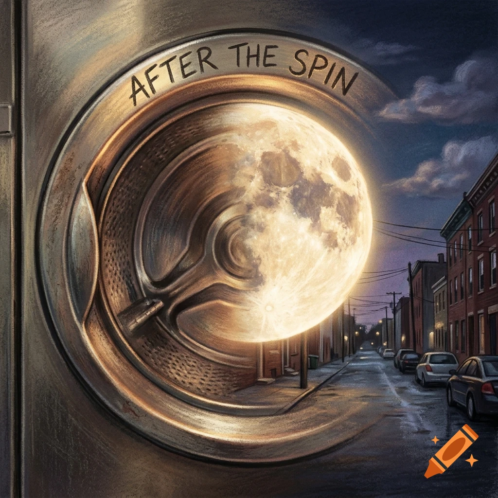 An illustration showing a washing machine door acting as a portal, revealing a glowing full moon over a city street at night with the text "AFTER THE SPIN".