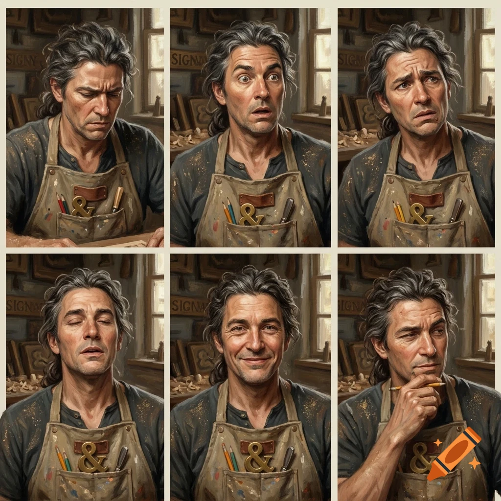 A six-panel character sheet showing a male artisan with various facial expressions wearing an apron in a workshop.