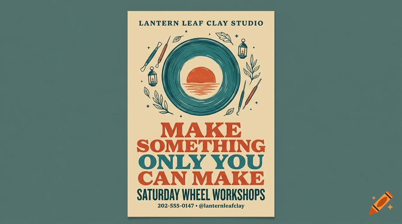 A poster for Lantern Leaf Clay Studio featuring text and illustrations of pottery tools, a ceramic piece with a sunset, and lanterns.