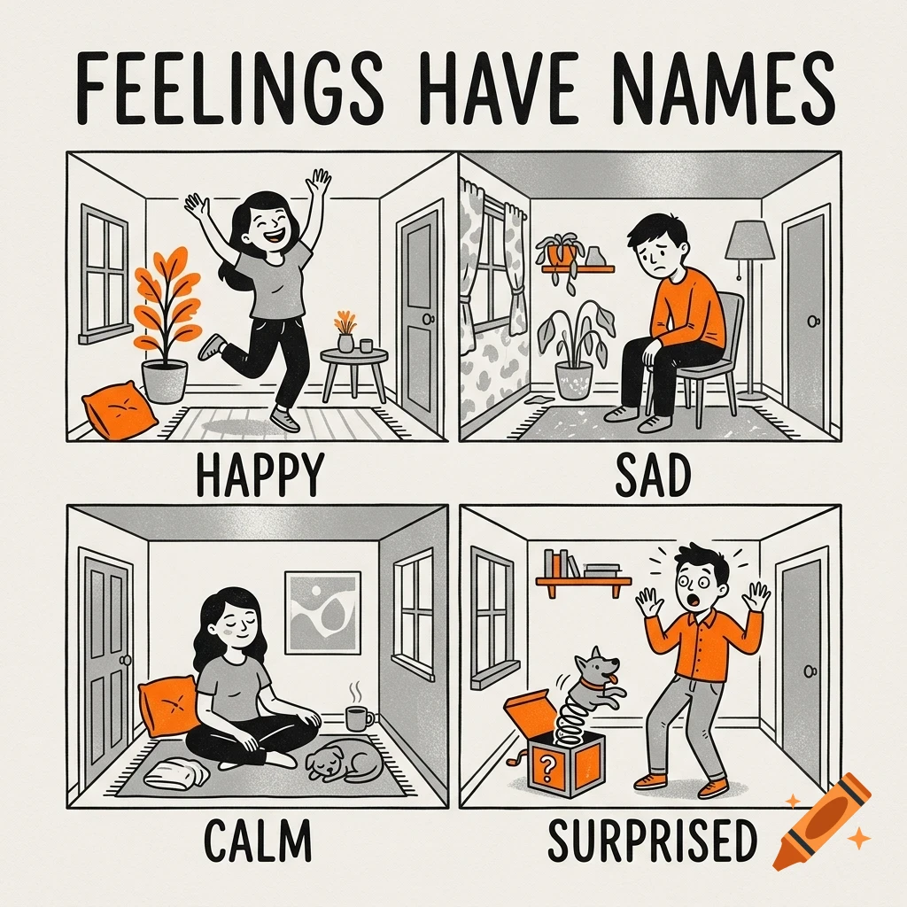 An illustrated four-panel educational poster titled Feelings Have Names depicting people expressing happy, sad, calm, and surprised emotions in rooms.