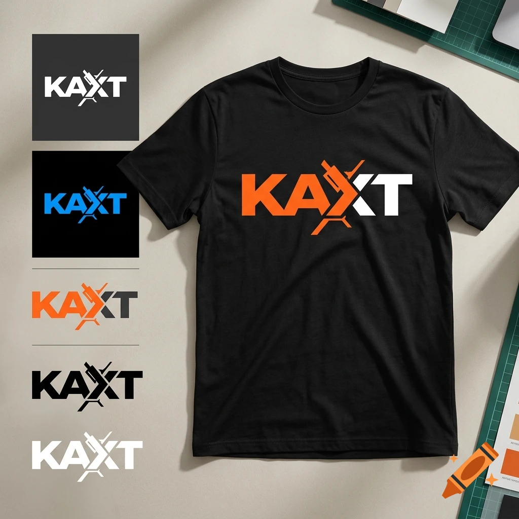 Black t-shirt displaying the logo 'KAXT' in orange and white, laid on a neutral background with color swatches.