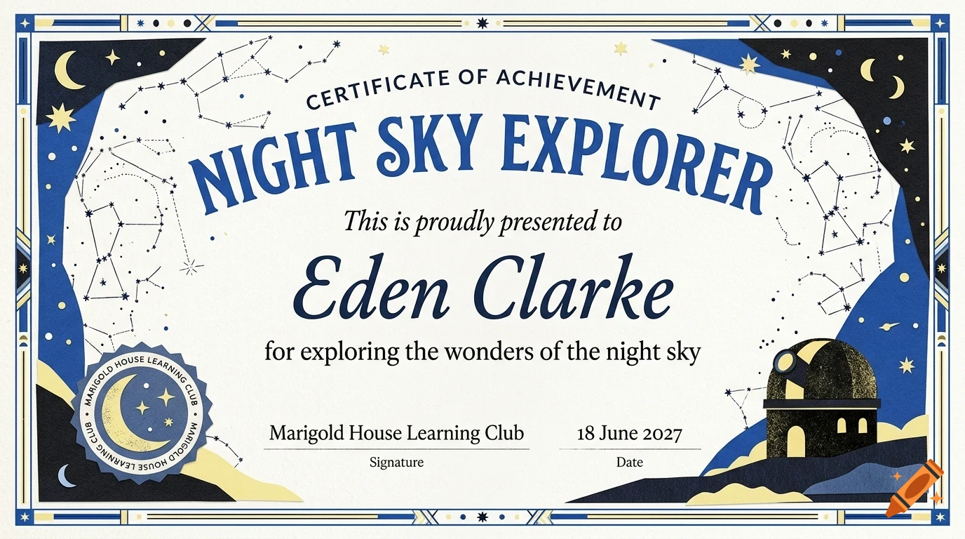 A certificate of achievement titled Night Sky Explorer with constellations and an observatory illustration.