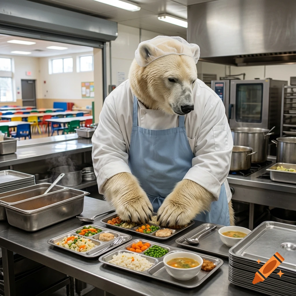 Photorealistic image of a polar bear wearing a chef's hat and apron, preparing school lunch trays in a cafeteria kitchen.