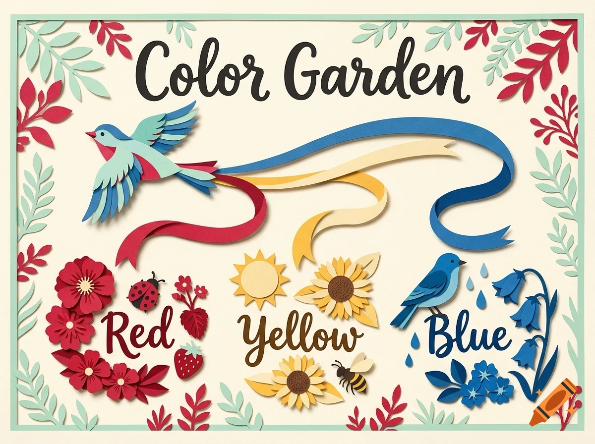 A papercraft-style illustration titled Color Garden with red, yellow, and blue sections featuring birds, flowers, and leaves.