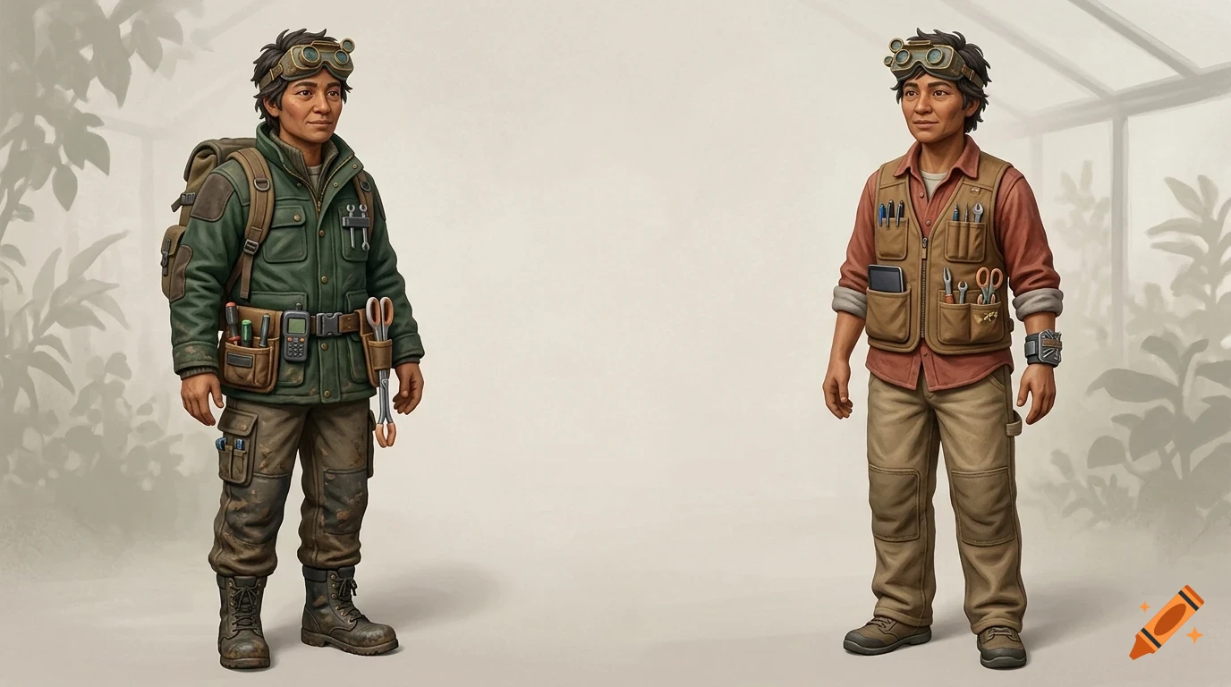 Character design concept showing the same person in two different utility outfits with tools and goggles.