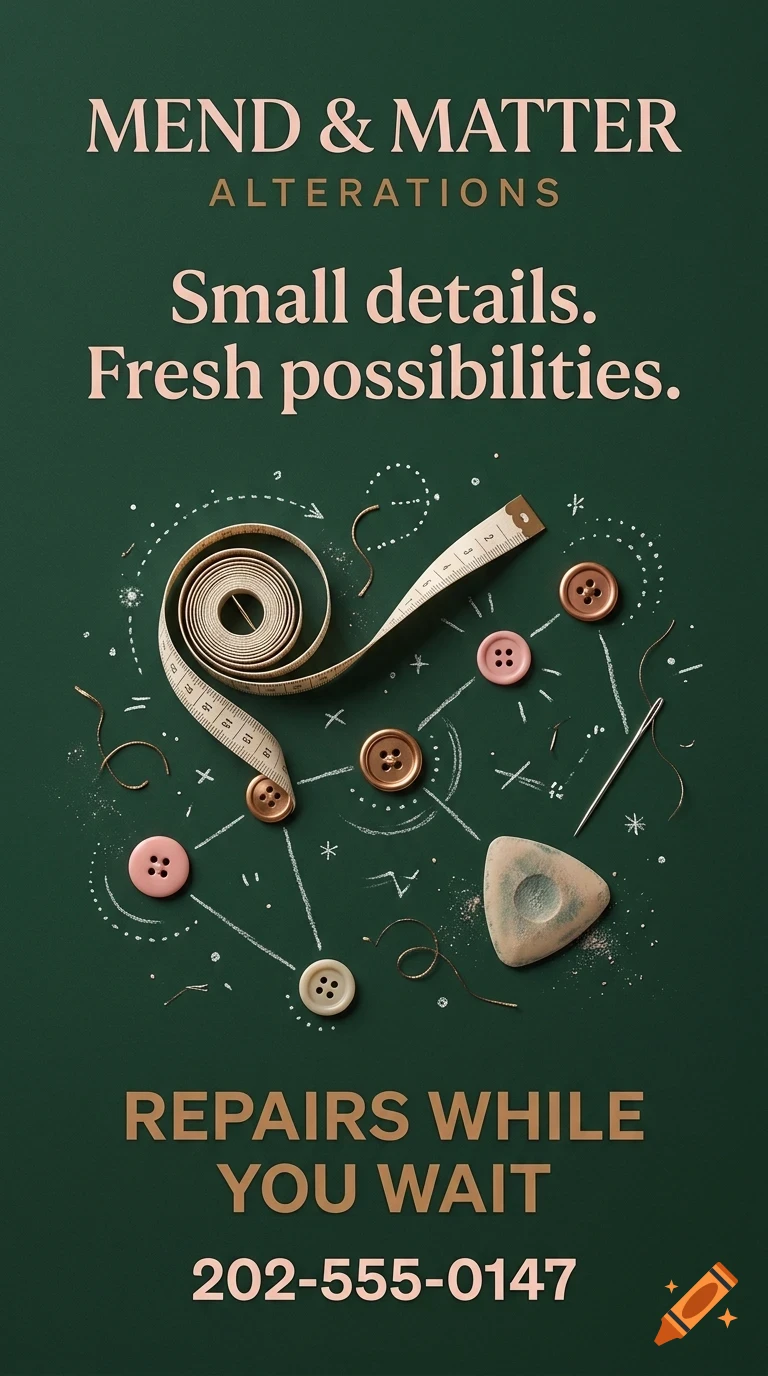 An advertisement for Mend & Matter Alterations featuring sewing tools like a measuring tape, buttons, and chalk on a green background.