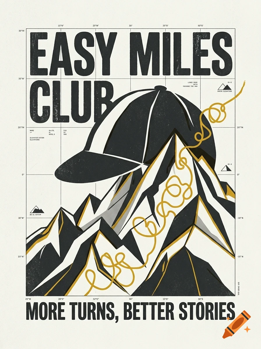 A poster featuring a stylized cap resting on mountain peaks with a grid background and the text EASY MILES CLUB and MORE TURNS, BETTER STORIES.