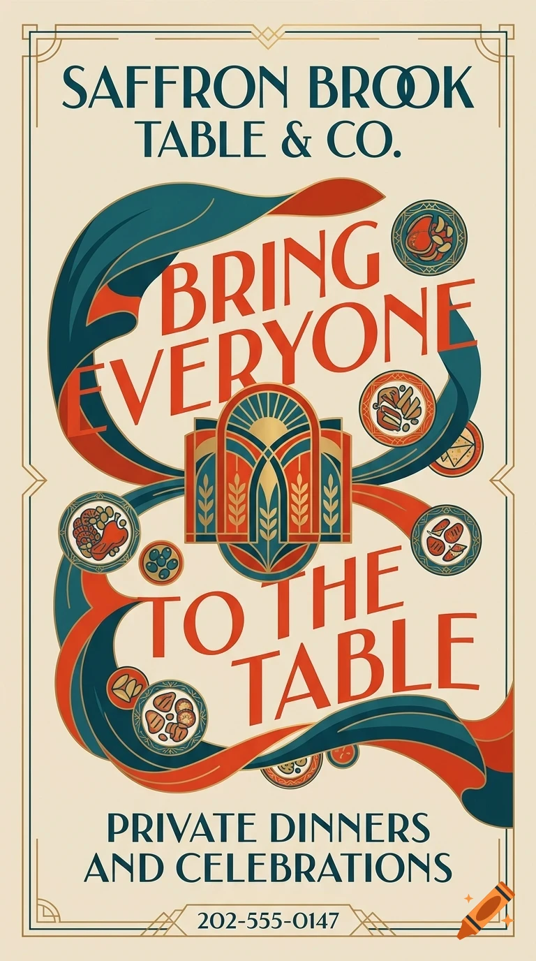 An Art Deco style poster featuring the text Saffron Brook Table & Co, Bring Everyone To The Table, with stylized food and geometric illustrations.