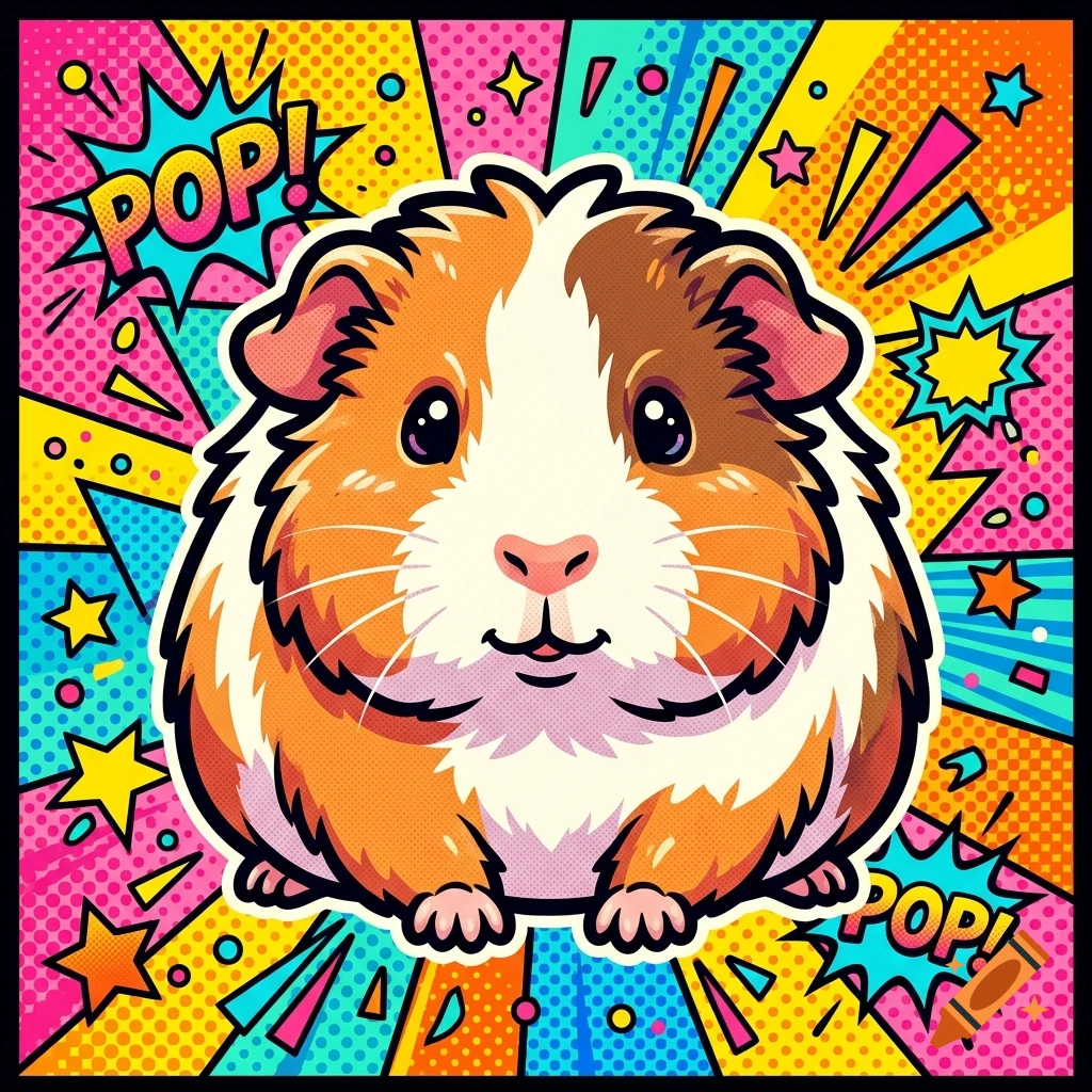 Pop art style illustration of a cute guinea pig with a colorful background and comic text.