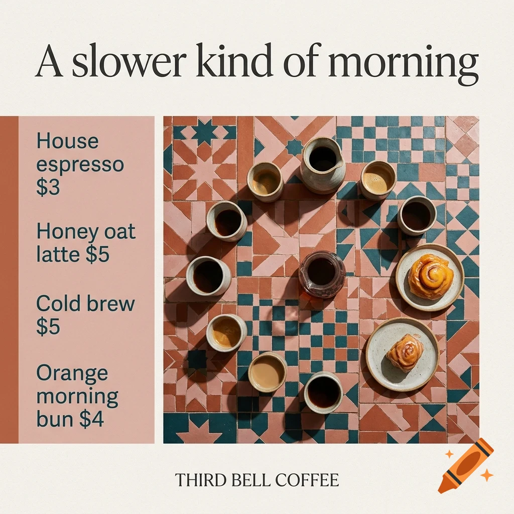 A graphic design for Third Bell Coffee featuring text, a menu of drinks and pastries, and an overhead photo of coffee cups and pastries arranged on patterned tiles.