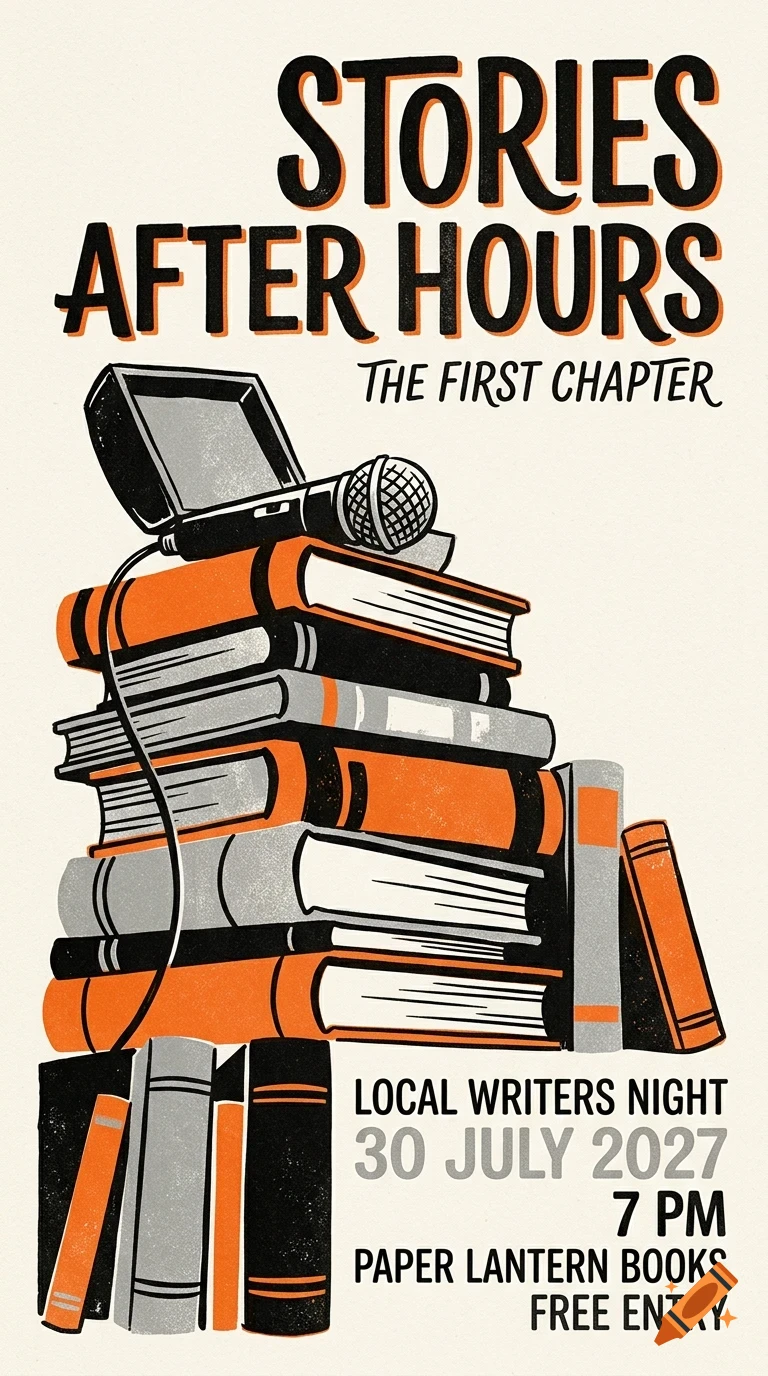 An illustrated poster for Stories After Hours, featuring a stack of books with a microphone on top and text details.