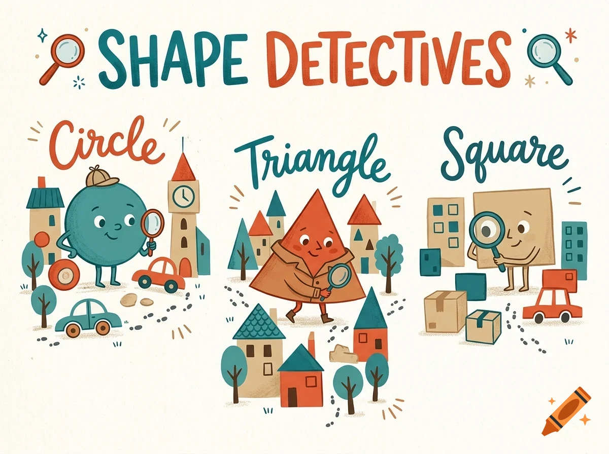 An educational illustration featuring personified geometric shapes acting as detectives among small buildings, with the text 'Shape Detectives', 'Circle', 'Triangle', and 'Square'.