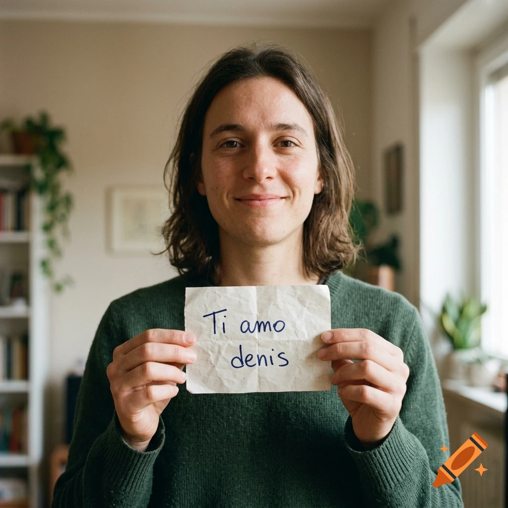 A person with shoulder-length brown hair smiling while holding a handwritten note that reads 'Ti amo denis' in a well-lit room.