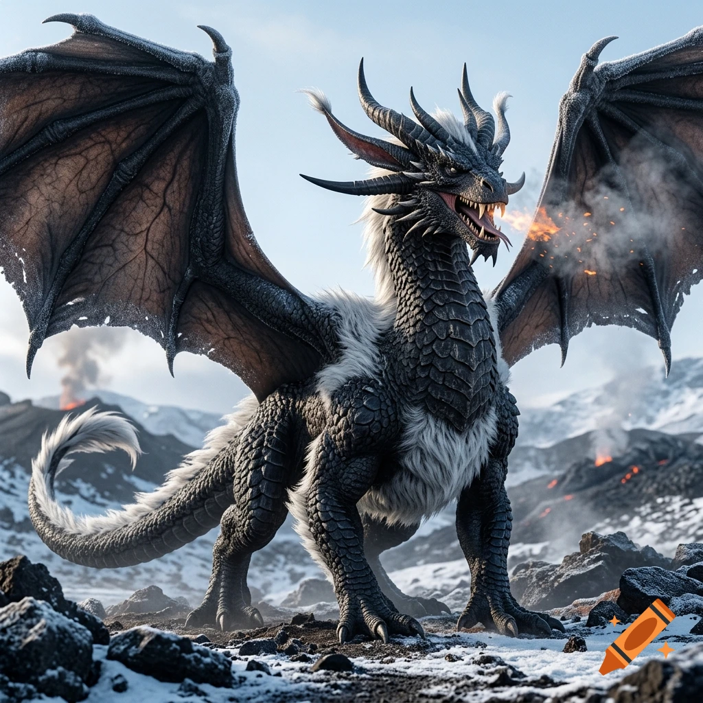 A photorealistic black and white armored dragon with large wings breathing fire in a snowy mountain landscape.