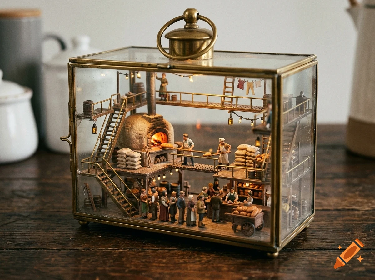 A miniature diorama inside a glass and brass box depicting a multi-level bakery with tiny figures baking and shopping.